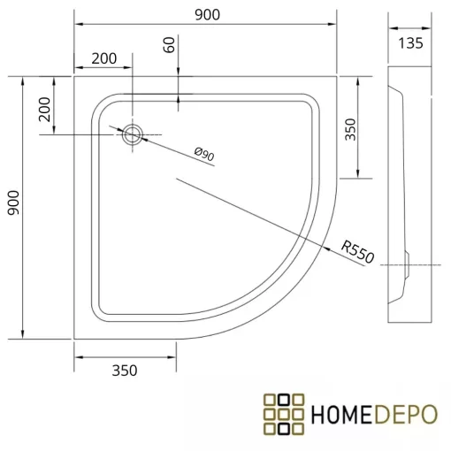 HD Lofty 90x90 íves magasított akril zuhanytálca, 13,5 cm magas