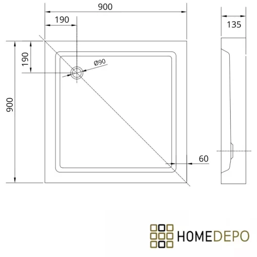 HD Lofty 90x90 szögletes magasított akril zuhanytálca, 13,5 cm magas