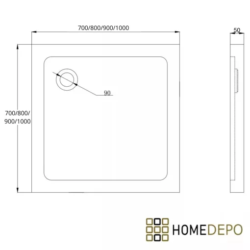 HD Slim 70x70/80x80/90x90/100x100 szögletes lapos akril zuhanytálca, 5 cm magas