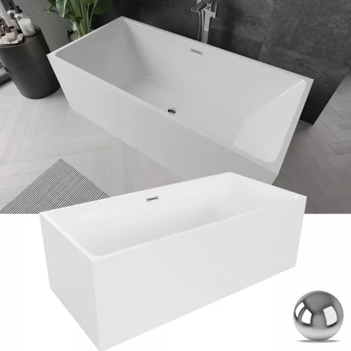 HD Miami White szögletes térben álló akril kád fényes króm túlfolyóval és click-clack leeresztővel, 170x75x58 cm