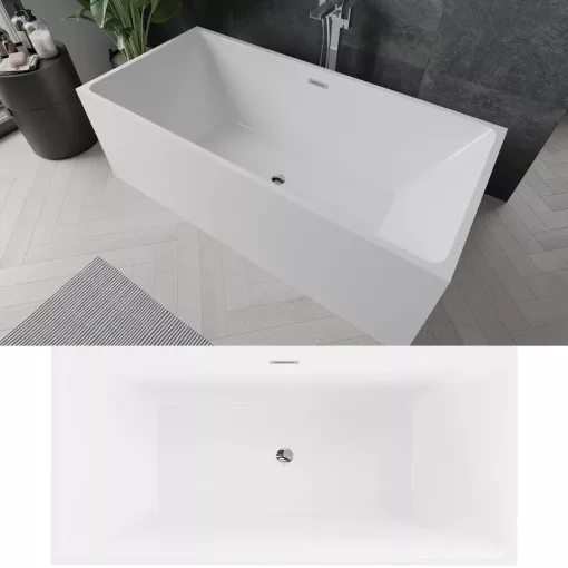 HD Miami White szögletes térben álló akril kád fényes króm túlfolyóval és click-clack leeresztővel, 170x75x58 cm