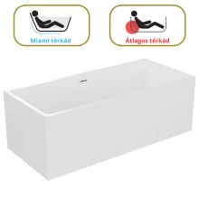 HD Miami White szögletes térben álló akril kád fényes króm túlfolyóval és click-clack leeresztővel, 170x75x58 cm