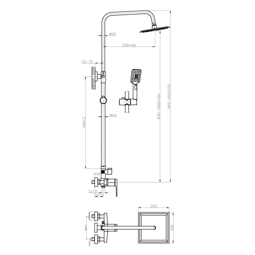 Invena MIDNIGHT fekete-rózsa arany komplett zuhanyrendszer zuhanycsapteleppel, fej- és kézizuhannyal