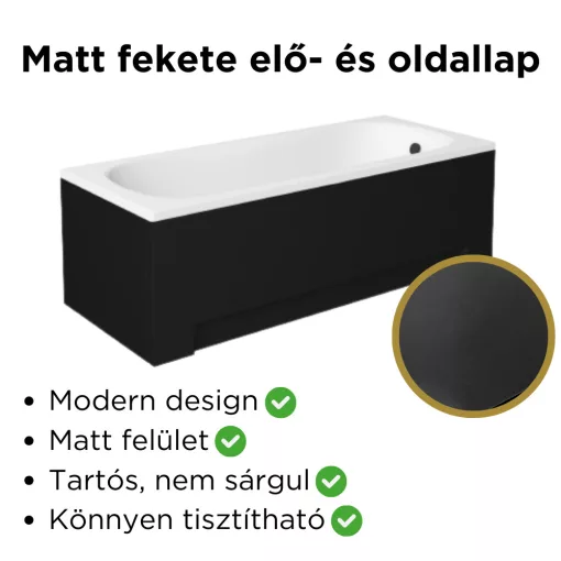 Besco ARIA Black 130x70 egyenes akril kád lábbal, matt fekete elő- és  oldallappal