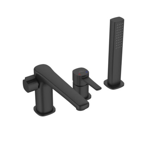 Invena GLAMOUR kádperembe szerelhető háromlyukú fekete kádtöltő csaptelep, kézizuhany szettel