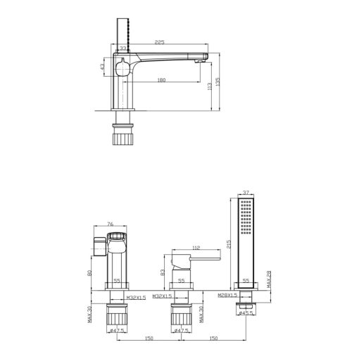 Invena GLAMOUR kádperembe szerelhető háromlyukú fekete kádtöltő csaptelep, kézizuhany szettel