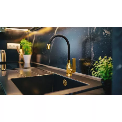 Invena LINGARAI Eco Start fekete-arany konyhai álló csaptelep, flexibilis kifolyócsővel