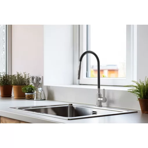 Invena DALIS SLIM 2F fekete-inox konyhai álló csaptelep, 2 funkciós flexibilis kifolyócsővel