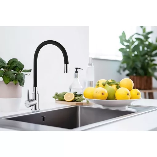 Invena SILVA inox-fekete konyhai álló csaptelep, flexibilis kifolyócsővel