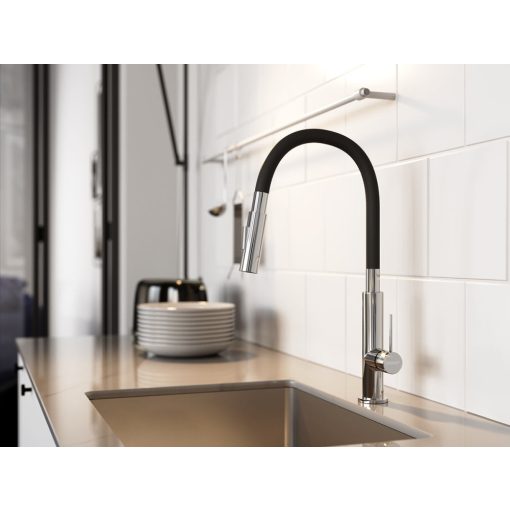 Ferro Zumba Slim 2F króm konyhai mosogató csaptelep kétfunkciós elasztikus fekete kifolyócsővel