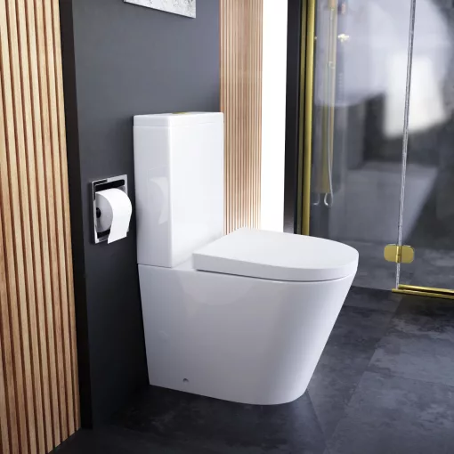 HD Dream Glossy White perem nélküli mély öblítésű íves monoblokkos WC hátsó kifolyású compact "A" tetővel és fényes arany kiegészítőkkel + tartály