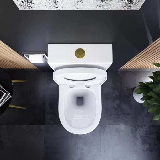 HD Dream Glossy White perem nélküli mély öblítésű íves monoblokkos WC hátsó kifolyású compact "A" tetővel és fényes arany kiegészítőkkel + tartály