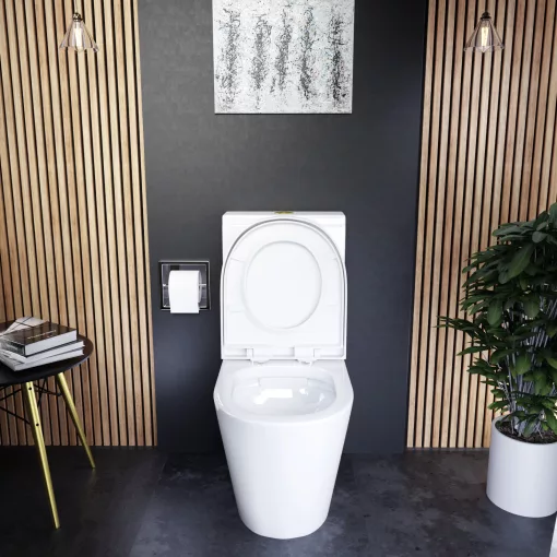 HD Dream Glossy White perem nélküli mély öblítésű íves monoblokkos WC alsó kifolyású compact "A" tetővel és fényes arany kiegészítőkkel + tartály