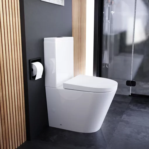 HD Dream Glossy White perem nélküli mély öblítésű íves monoblokkos WC hátsó kifolyású compact "A" tetővel és matt fekete kiegészítőkkel + tartály