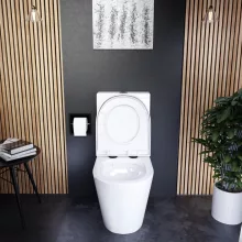 HD Dream Glossy White perem nélküli mély öblítésű íves monoblokkos WC hátsó kifolyású compact "A" tetővel és matt fekete kiegészítőkkel + tartály