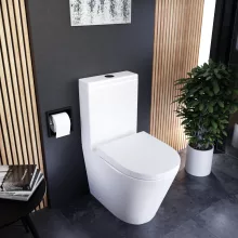 HD Dream Glossy White perem nélküli mély öblítésű íves monoblokkos WC alsó kifolyású compact "A" tetővel és matt fekete kiegészítőkkel + tartály