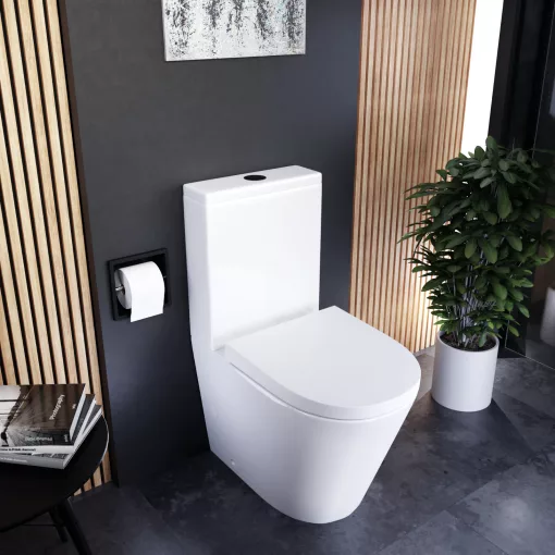 HD Dream Glossy White perem nélküli mély öblítésű íves monoblokkos WC alsó kifolyású compact "A" tetővel és matt fekete kiegészítőkkel + tartály