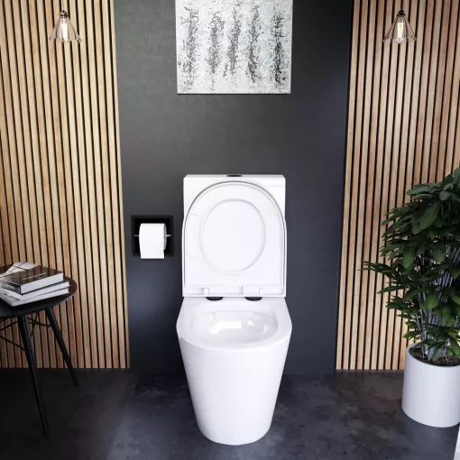 HD Dream Glossy White perem nélküli mély öblítésű íves monoblokkos WC alsó kifolyású compact "A" tetővel és matt fekete kiegészítőkkel + tartály