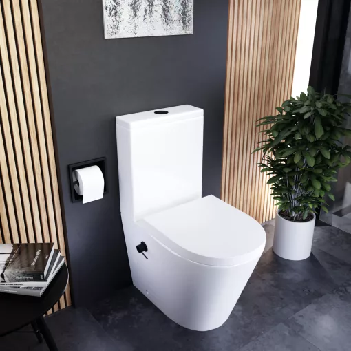 HD Echo White perem nélküli mély öblítésű íves monoblokkos WC hátsó kifolyású, bidé funkcióval, compact "A" tetővel és matt fekete kiegészítőkkel + tartály