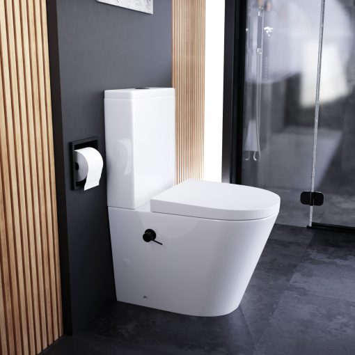 HD Echo White perem nélküli mély öblítésű íves monoblokkos WC alsó kifolyású, bidé funkcióval, compact "A" tetővel és matt fekete kiegészítőkkel + tartály