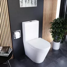 HD Dream Glossy White perem nélküli mély öblítésű íves monoblokkos WC alsó kifolyású slim "A" tetővel és fényes króm kiegészítőkkel + tartály