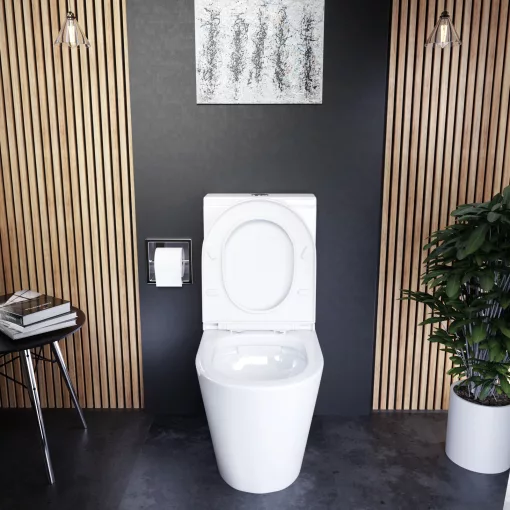 HD Dream Glossy White perem nélküli mély öblítésű íves monoblokkos WC alsó kifolyású slim "A" tetővel és fényes króm kiegészítőkkel + tartály