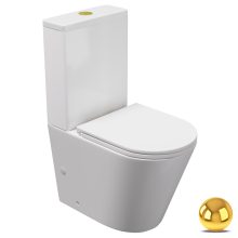 HD Dream Glossy White perem nélküli mély öblítésű íves monoblokkos WC hátsó kifolyású slim "A" tetővel és fényes arany kiegészítőkkel + tartály