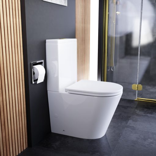 HD Dream Glossy White perem nélküli mély öblítésű íves monoblokkos WC hátsó kifolyású slim "A" tetővel és fényes arany kiegészítőkkel + tartály