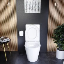 HD Dream Glossy White perem nélküli mély öblítésű íves monoblokkos WC hátsó kifolyású slim "A" tetővel és fényes arany kiegészítőkkel + tartály