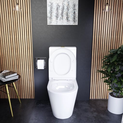 HD Dream Glossy White perem nélküli mély öblítésű íves monoblokkos WC hátsó kifolyású slim "A" tetővel és fényes arany kiegészítőkkel + tartály