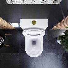 HD Dream Glossy White perem nélküli mély öblítésű íves monoblokkos WC hátsó kifolyású slim "A" tetővel és fényes arany kiegészítőkkel + tartály