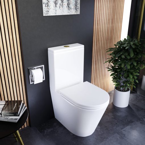 HD Dream Glossy White perem nélküli mély öblítésű íves monoblokkos WC alsó kifolyású slim "A" tetővel és fényes arany kiegészítőkkel + tartály