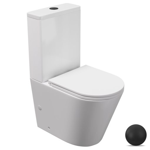 HD Dream Glossy White perem nélküli mély öblítésű íves monoblokkos WC hátsó kifolyású slim "A" tetővel és matt fekete kiegészítőkkel + tartály