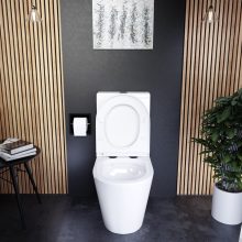 HD Dream Glossy White perem nélküli mély öblítésű íves monoblokkos WC hátsó kifolyású slim "A" tetővel és matt fekete kiegészítőkkel + tartály