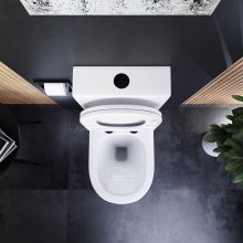 HD Dream Glossy White perem nélküli mély öblítésű íves monoblokkos WC hátsó kifolyású slim "A" tetővel és matt fekete kiegészítőkkel + tartály