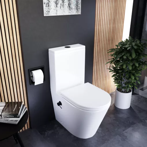 HD Echo White perem nélküli mély öblítésű íves monoblokkos WC alsó kifolyású, bidé funkcióval, slim "A" tetővel és matt fekete kiegészítőkkel + tartály