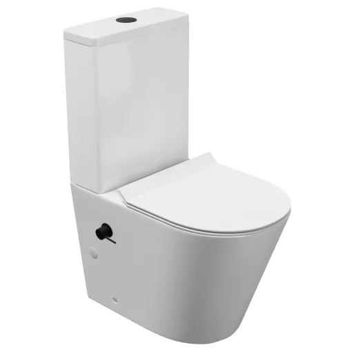 HD Echo White perem nélküli mély öblítésű íves monoblokkos WC alsó kifolyású, bidé funkcióval, slim "F" tetővel és matt fekete kiegészítőkkel + tartály