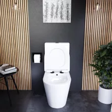 HD Echo White perem nélküli mély öblítésű íves monoblokkos WC alsó kifolyású, bidé funkcióval, slim "F" tetővel és matt fekete kiegészítőkkel + tartály