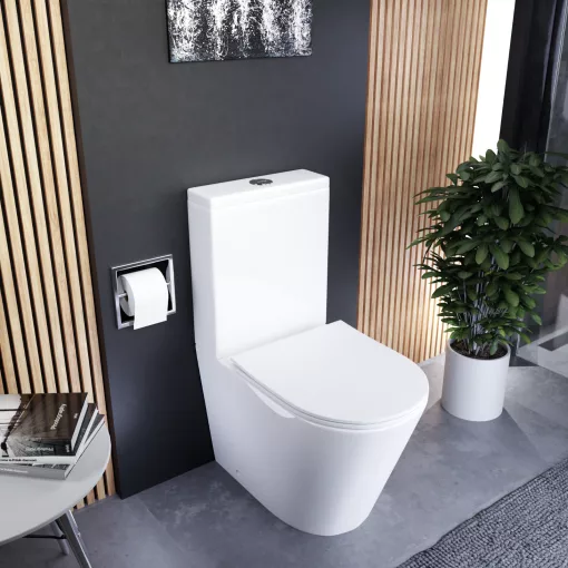 HD Dream Glossy White perem nélküli mély öblítésű íves monoblokkos WC alsó kifolyású slim "P" tetővel és fényes króm kiegészítőkkel + tartály