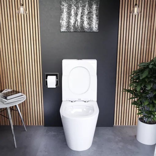 HD Dream Glossy White perem nélküli mély öblítésű íves monoblokkos WC alsó kifolyású slim "P" tetővel és fényes króm kiegészítőkkel + tartály