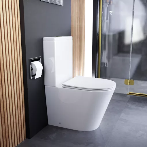 HD Dream Glossy White perem nélküli mély öblítésű íves monoblokkos WC hátsó kifolyású slim "P" tetővel és fényes arany kiegészítőkkel + tartály