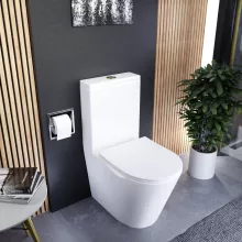 HD Dream Glossy White perem nélküli mély öblítésű íves monoblokkos WC alsó kifolyású slim "P" tetővel és fényes arany kiegészítőkkel + tartály