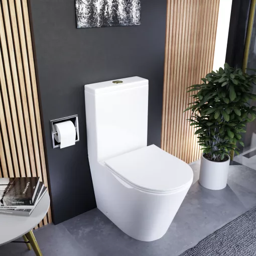 HD Dream Glossy White perem nélküli mély öblítésű íves monoblokkos WC alsó kifolyású slim "P" tetővel és fényes arany kiegészítőkkel + tartály