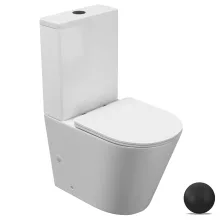 HD Dream Glossy White perem nélküli mély öblítésű íves monoblokkos WC hátsó kifolyású slim "P" tetővel és matt fekete kiegészítőkkel + tartály