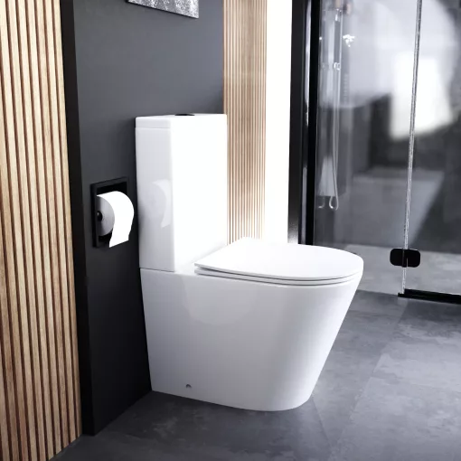 HD Dream Glossy White perem nélküli mély öblítésű íves monoblokkos WC alsó kifolyású slim "P" tetővel és matt fekete kiegészítőkkel + tartály