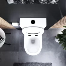 HD Dream Glossy White perem nélküli mély öblítésű íves monoblokkos WC alsó kifolyású slim "P" tetővel és matt fekete kiegészítőkkel + tartály