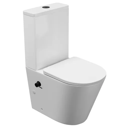 HD Echo White perem nélküli mély öblítésű íves monoblokkos WC hátsó kifolyású, bidé funkcióval, slim "P" tetővel és matt fekete kiegészítőkkel + tartály