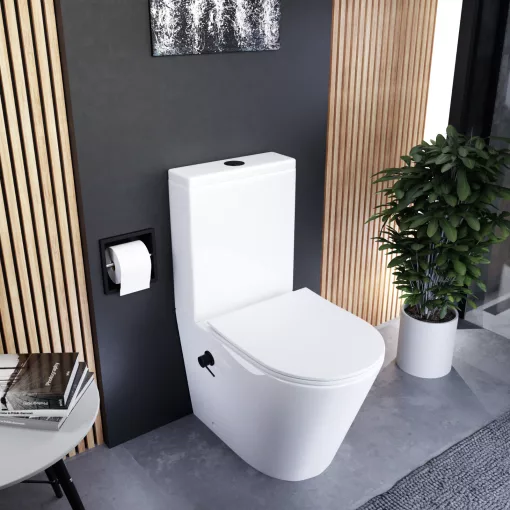 HD Echo White perem nélküli mély öblítésű íves monoblokkos WC hátsó kifolyású, bidé funkcióval, slim "P" tetővel és matt fekete kiegészítőkkel + tartály