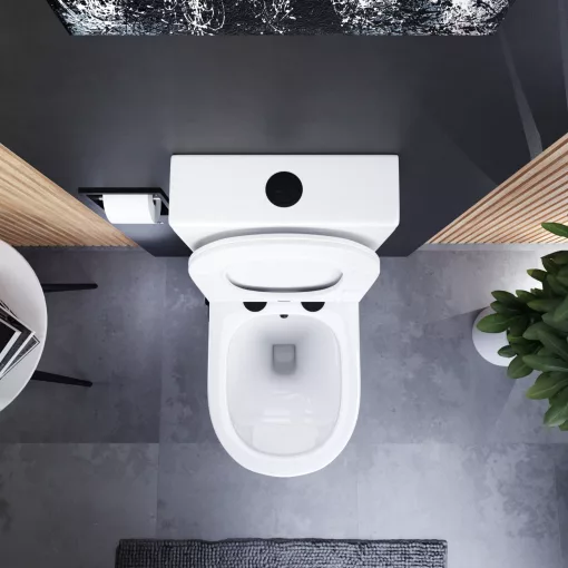 HD Echo White perem nélküli mély öblítésű íves monoblokkos WC hátsó kifolyású, bidé funkcióval, slim "P" tetővel és matt fekete kiegészítőkkel + tartály