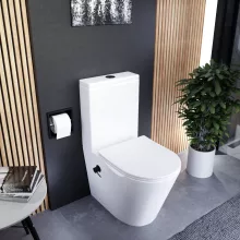 HD Echo White perem nélküli mély öblítésű íves monoblokkos WC alsó kifolyású, bidé funkcióval, slim "P" tetővel és matt fekete kiegészítőkkel + tartály